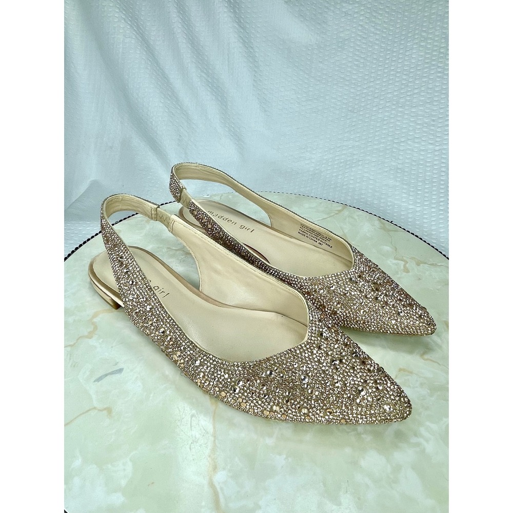 Madden Girl Devin-R Rhinestone Slingback Flats Womens 6.5 Gold Pointed Evening